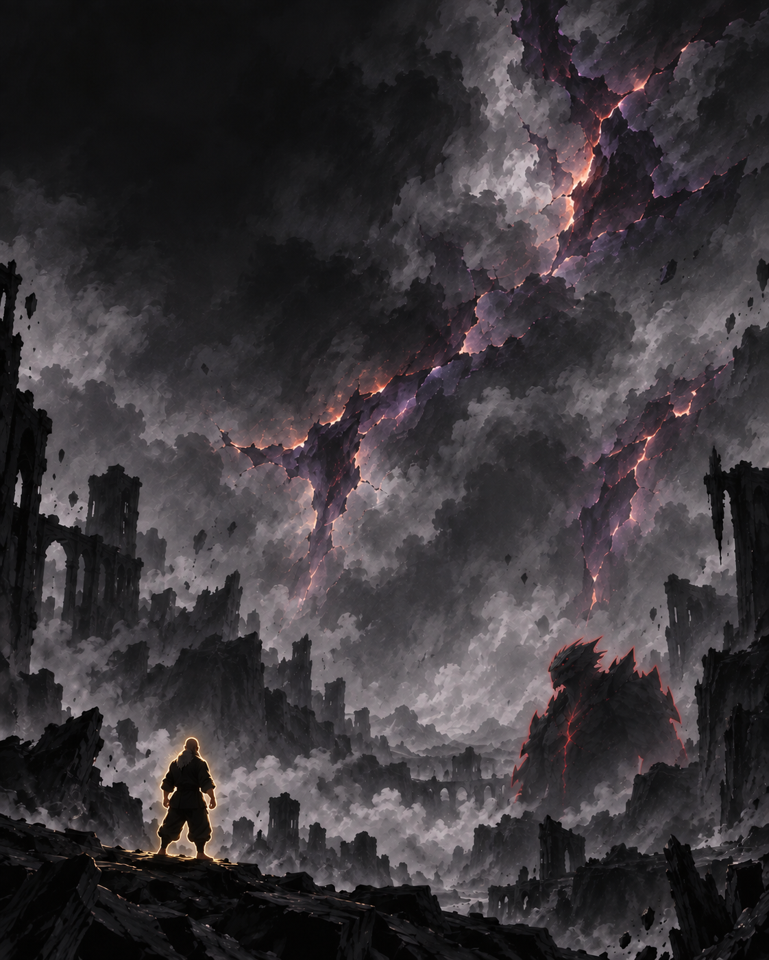 An anonymous Sensei faces distant Chaos beneath a fractured sky